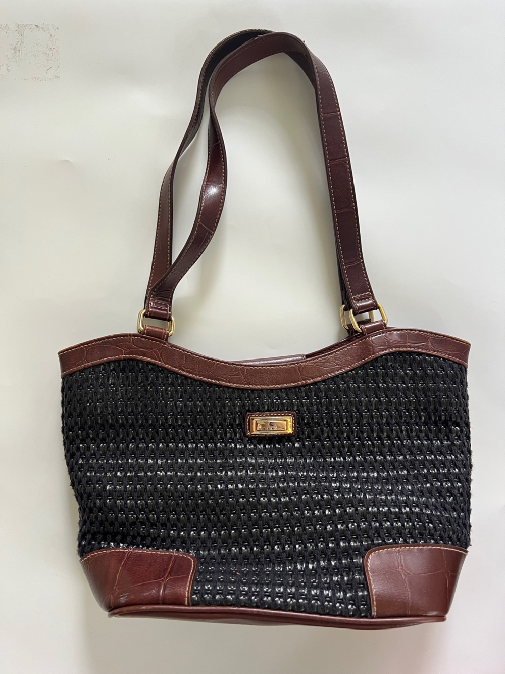 Vintage Black Woven Tote with Brown Trim